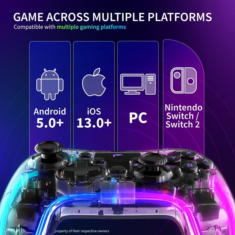 Fosmon Wireless Bluetooth Gaming Controller for Switch 2/1/Lite/OLED, Android/iOS/PC/Steam/Apple Arcade MFi Games, Pro Controller with RGB Lights (14 Color), 4 Level Vibration, 6-Axis Gyro, Turbo - Image 3